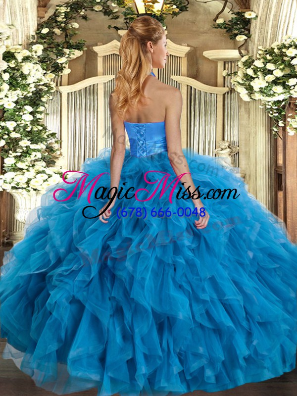 wholesale romantic turquoise organza lace up halter top sleeveless floor length sweet 16 dress ruffles