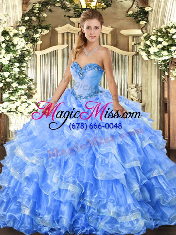 wholesale romantic baby blue sleeveless organza lace up quinceanera dress for military ball and sweet 16 and quinceanera