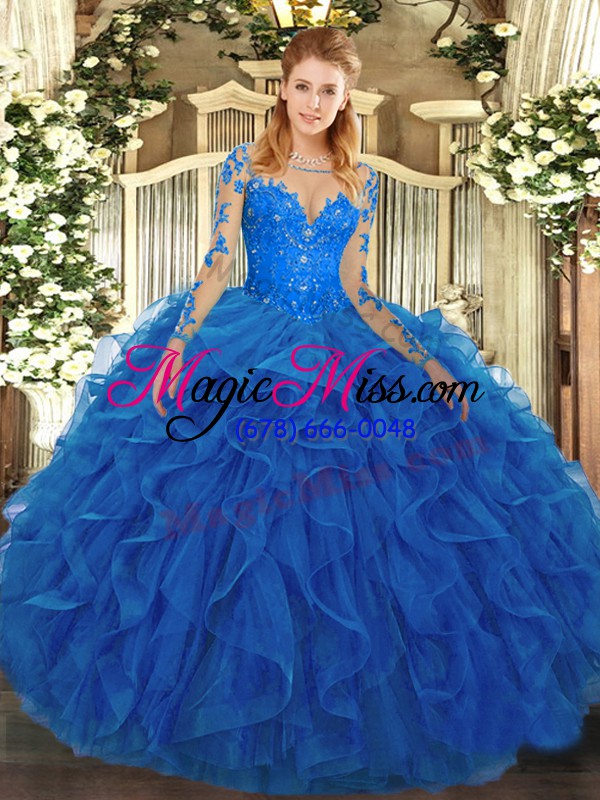 wholesale gorgeous blue tulle lace up sweet 16 dresses long sleeves floor length lace and ruffles