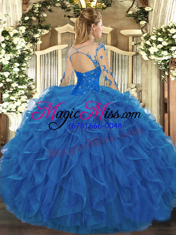 wholesale gorgeous blue tulle lace up sweet 16 dresses long sleeves floor length lace and ruffles