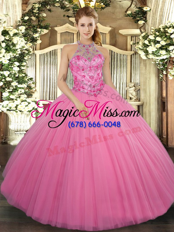 wholesale flirting halter top sleeveless lace up quinceanera gowns rose pink tulle