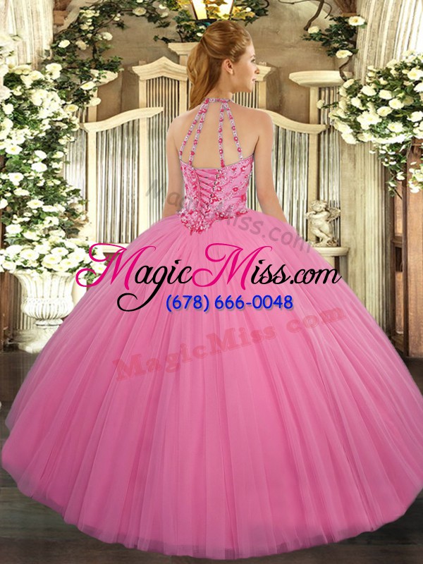 wholesale flirting halter top sleeveless lace up quinceanera gowns rose pink tulle