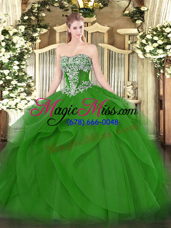 wholesale delicate floor length lace up ball gown prom dress green for military ball and sweet 16 and quinceanera with beading and ruffles