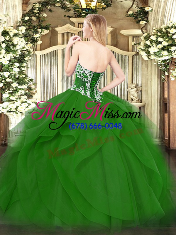 wholesale delicate floor length lace up ball gown prom dress green for military ball and sweet 16 and quinceanera with beading and ruffles