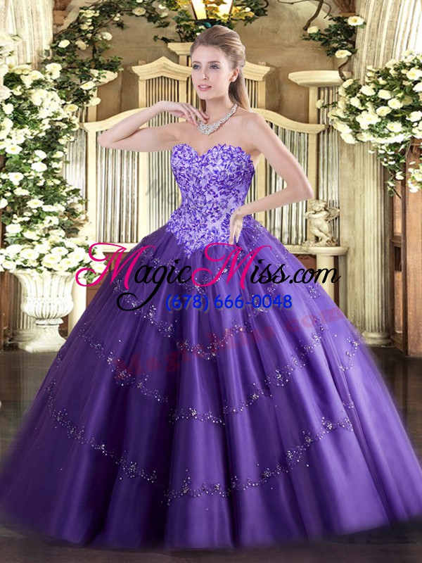 wholesale purple ball gowns appliques quince ball gowns lace up tulle sleeveless floor length