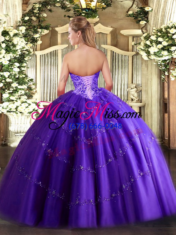 wholesale purple ball gowns appliques quince ball gowns lace up tulle sleeveless floor length