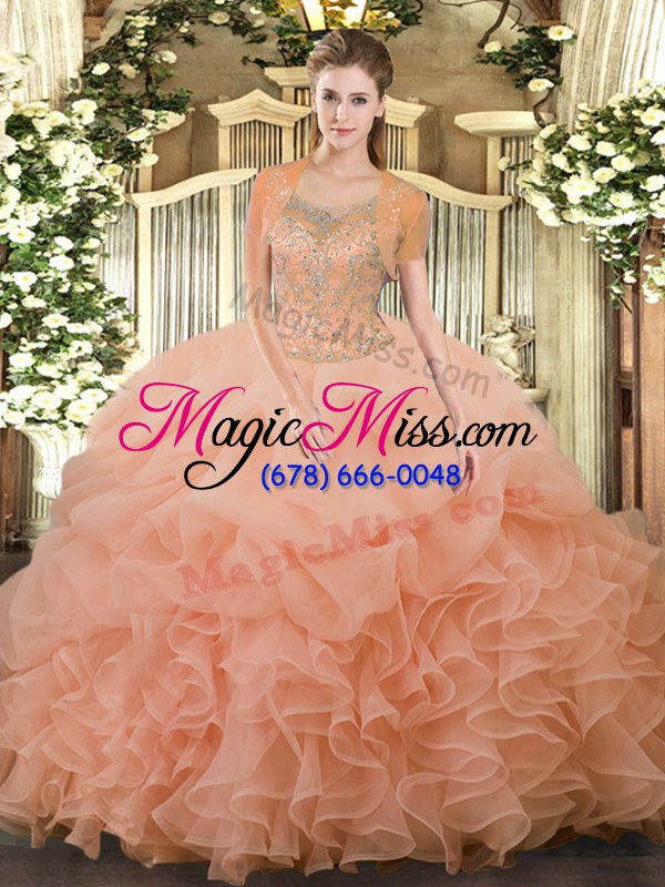 wholesale scoop sleeveless ball gown prom dress floor length beading and ruffled layers peach tulle