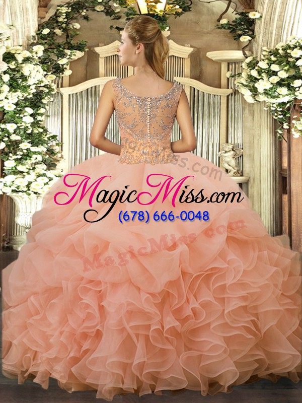 wholesale scoop sleeveless ball gown prom dress floor length beading and ruffled layers peach tulle