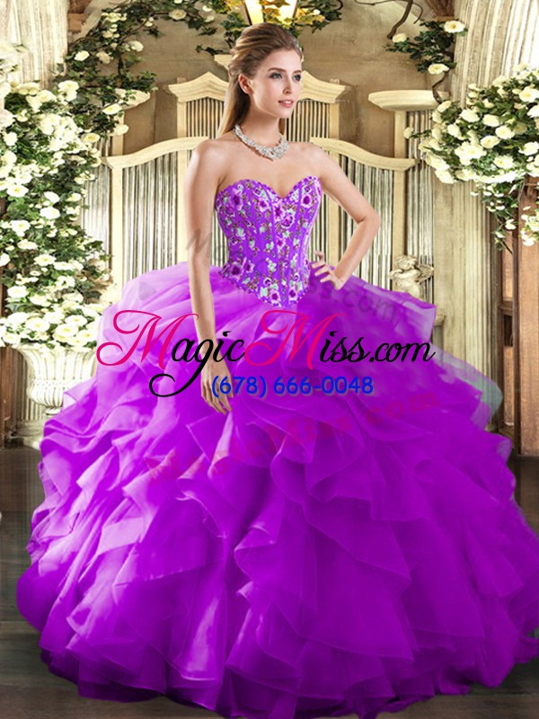 wholesale embroidery and ruffles quinceanera dress purple lace up sleeveless floor length