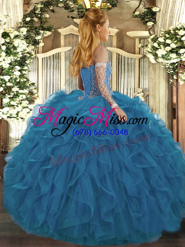 wholesale sleeveless tulle floor length lace up quinceanera gown in royal blue with beading and ruffles