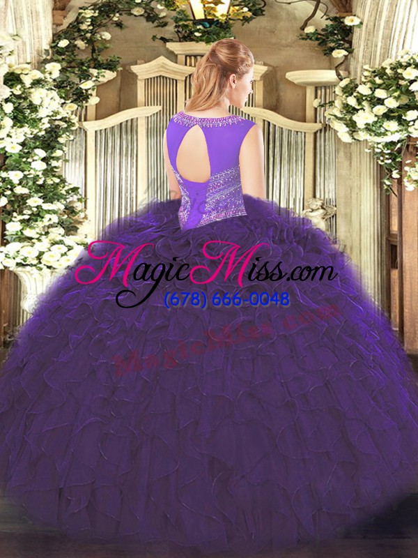 wholesale perfect navy blue ball gowns organza scoop sleeveless beading and ruffles floor length lace up quinceanera gowns