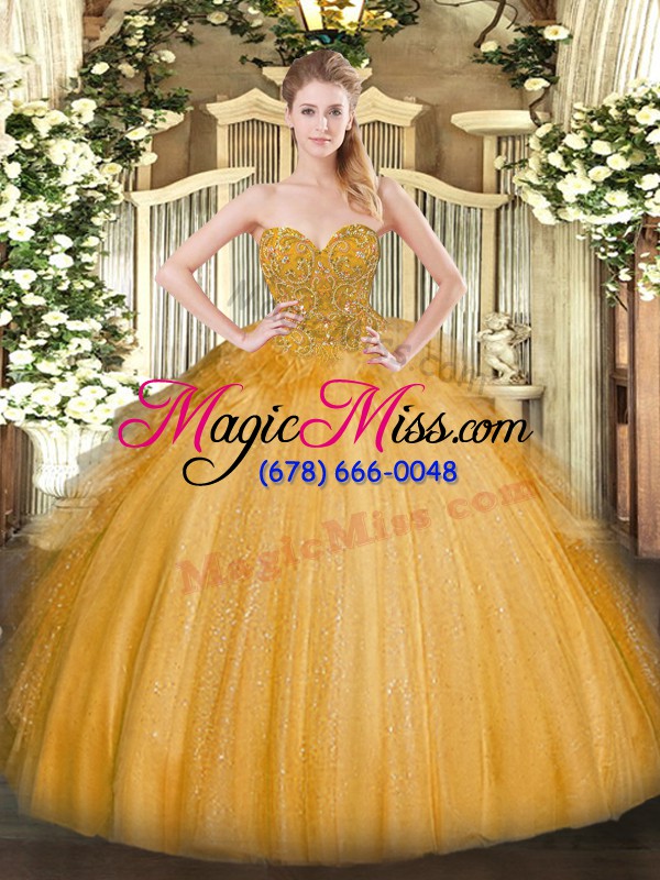 wholesale luxurious gold sleeveless tulle lace up quince ball gowns for military ball and sweet 16 and quinceanera