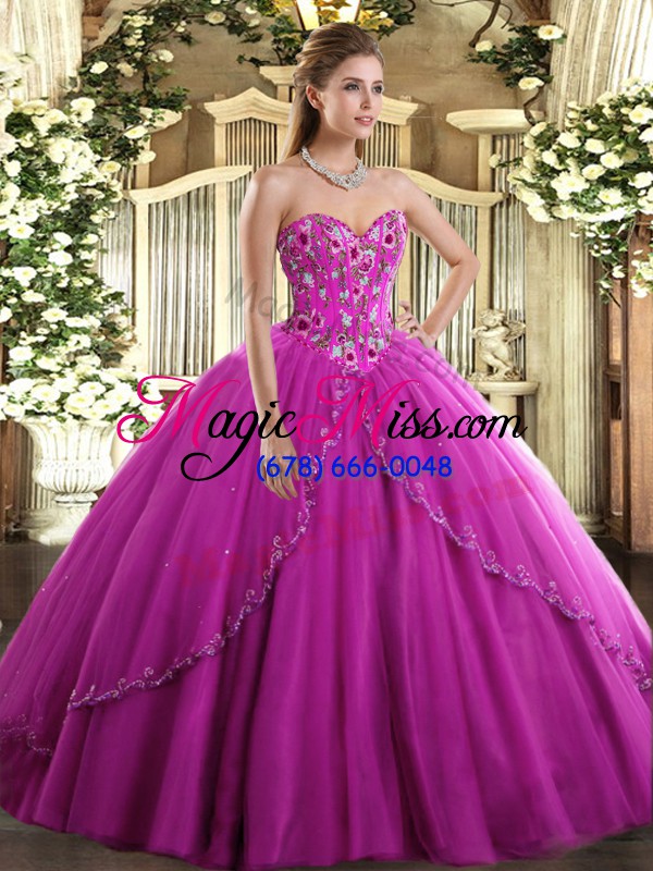 wholesale fuchsia sleeveless appliques and embroidery lace up quinceanera dresses