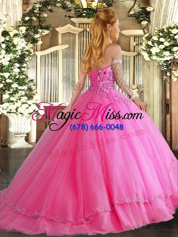 wholesale fuchsia sleeveless appliques and embroidery lace up quinceanera dresses