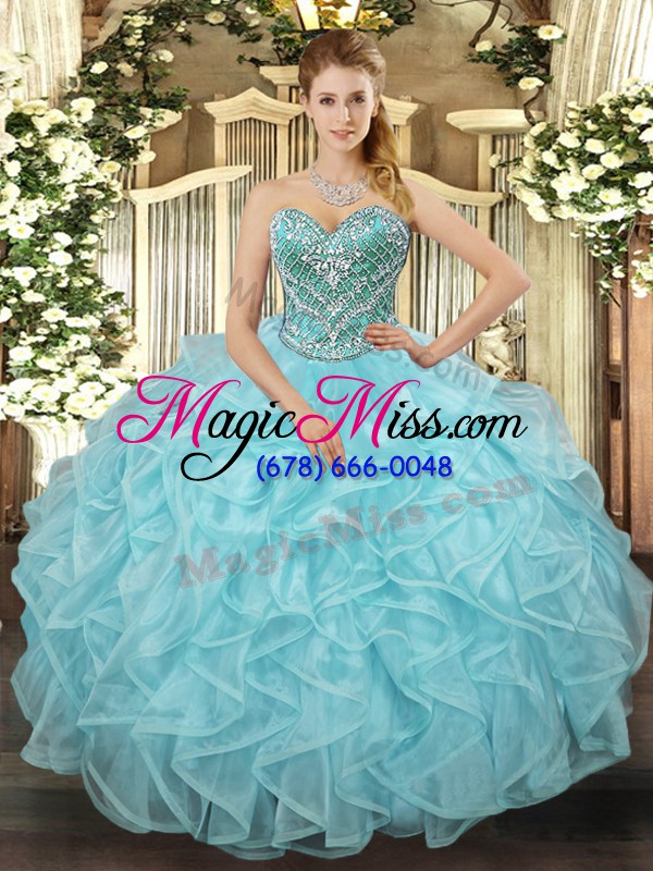 wholesale aqua blue ball gowns beading and ruffled layers sweet 16 quinceanera dress lace up tulle sleeveless floor length