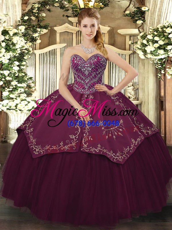 wholesale great burgundy taffeta and tulle lace up sweetheart sleeveless floor length sweet 16 dress beading and pattern