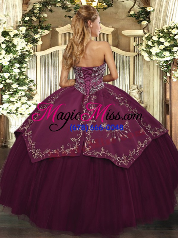 wholesale great burgundy taffeta and tulle lace up sweetheart sleeveless floor length sweet 16 dress beading and pattern