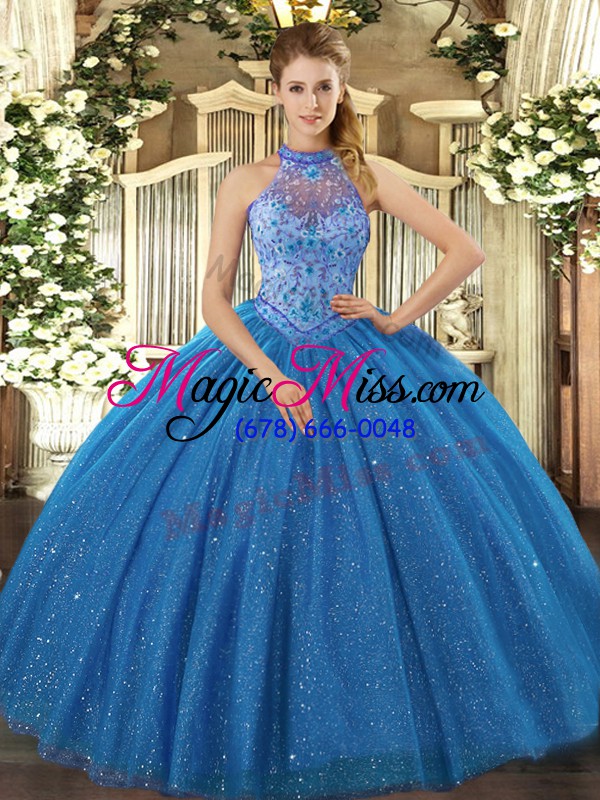 wholesale perfect sleeveless floor length beading and embroidery lace up vestidos de quinceanera with blue