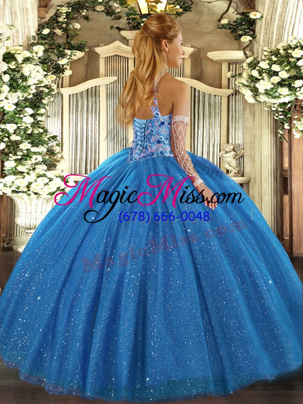 wholesale perfect sleeveless floor length beading and embroidery lace up vestidos de quinceanera with blue