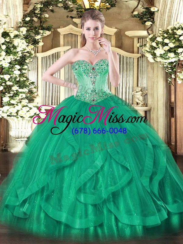 wholesale dazzling floor length turquoise 15 quinceanera dress tulle sleeveless beading and ruffles