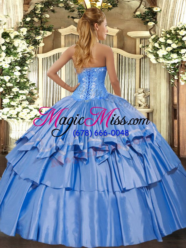 wholesale charming sweetheart sleeveless quinceanera dresses floor length beading and ruffled layers blue organza and taffeta