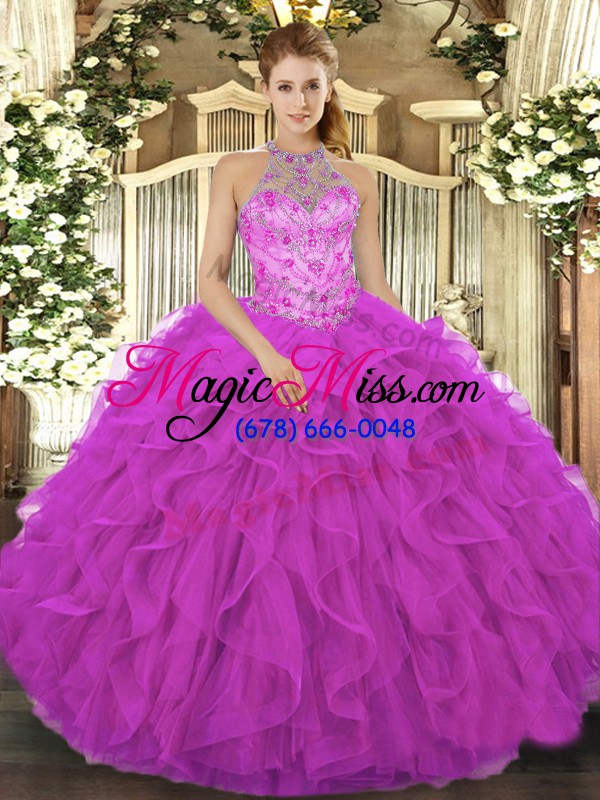 wholesale sleeveless floor length beading and embroidery and ruffles lace up ball gown prom dress with fuchsia