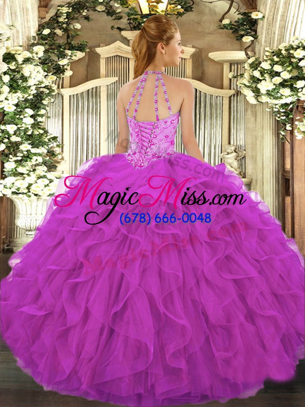 wholesale sleeveless floor length beading and embroidery and ruffles lace up ball gown prom dress with fuchsia