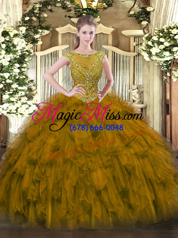 wholesale brown organza zipper quinceanera dresses sleeveless floor length beading and ruffles