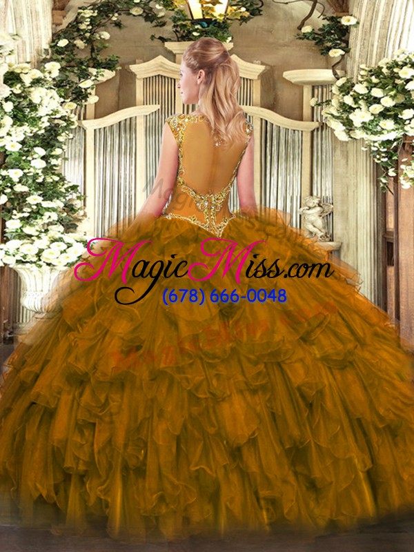 wholesale brown organza zipper quinceanera dresses sleeveless floor length beading and ruffles