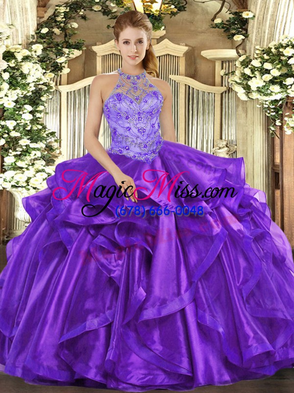 wholesale glittering beading and embroidery and ruffles sweet 16 dresses purple lace up sleeveless floor length