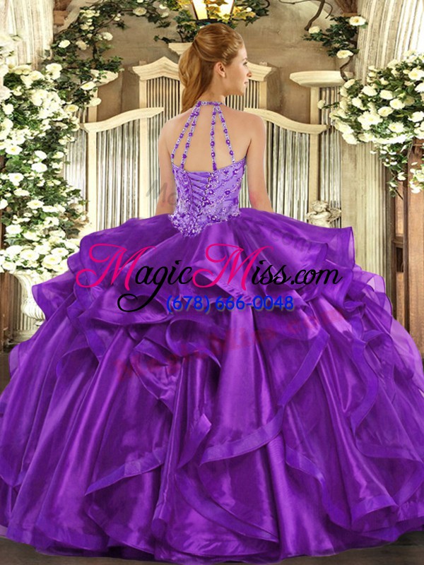 wholesale glittering beading and embroidery and ruffles sweet 16 dresses purple lace up sleeveless floor length