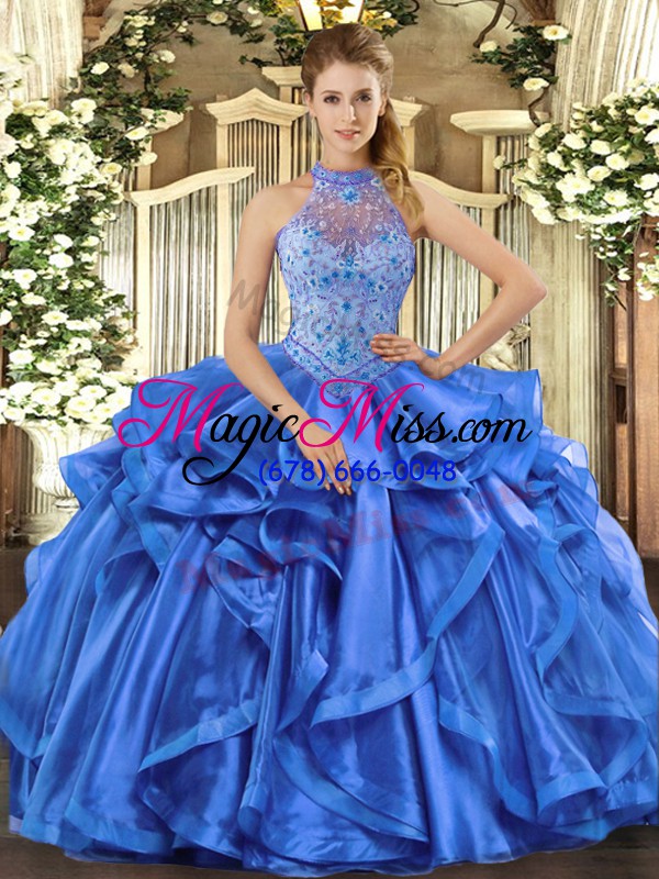 wholesale charming blue ball gowns halter top sleeveless organza lace up beading and embroidery and ruffles sweet 16 dress