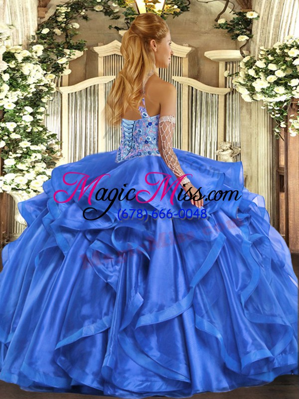 wholesale charming blue ball gowns halter top sleeveless organza lace up beading and embroidery and ruffles sweet 16 dress