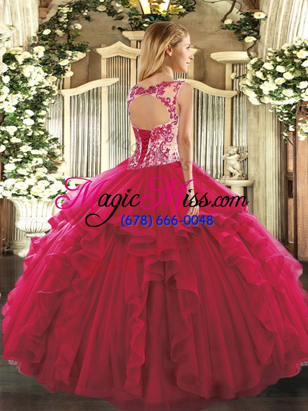 wholesale fuchsia organza lace up sweet 16 quinceanera dress sleeveless floor length beading and ruffles