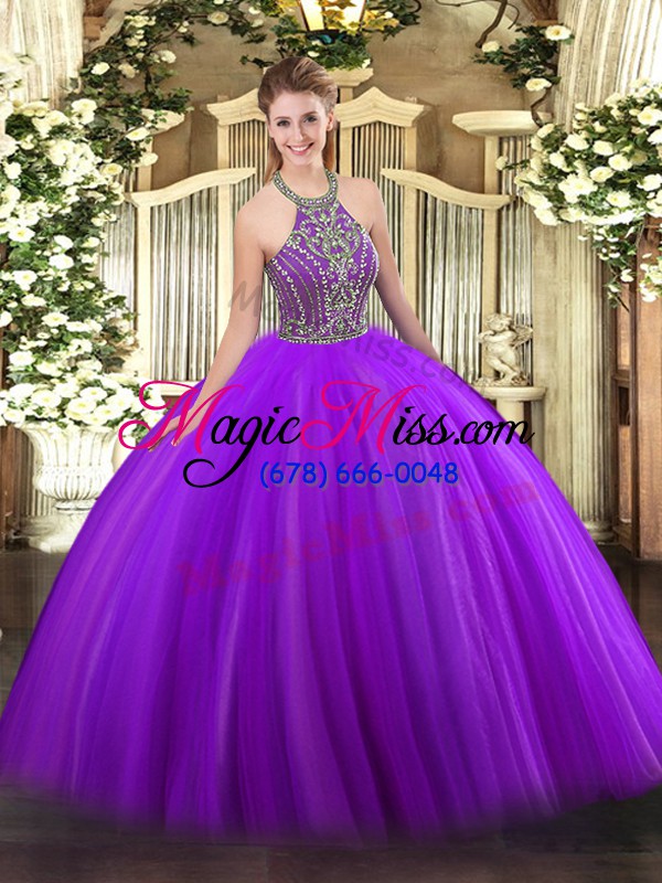 wholesale tulle halter top sleeveless lace up beading 15 quinceanera dress in purple