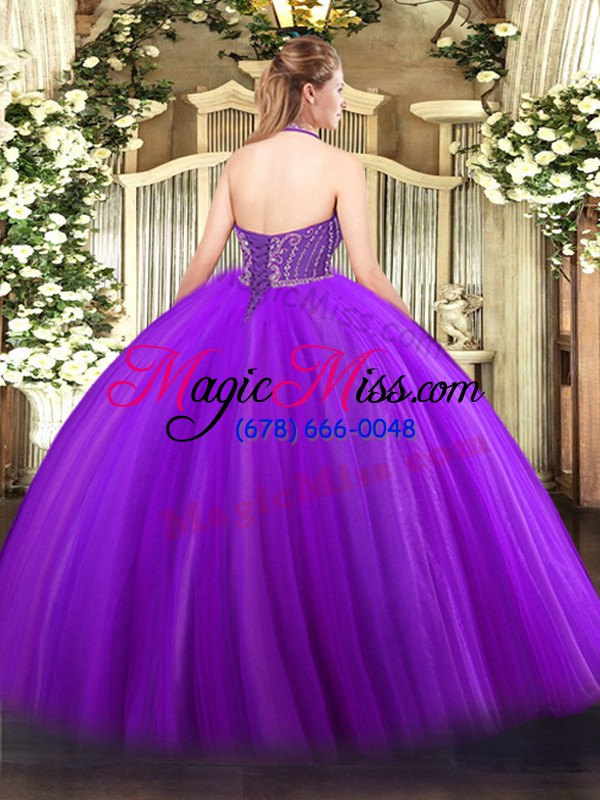 wholesale tulle halter top sleeveless lace up beading 15 quinceanera dress in purple