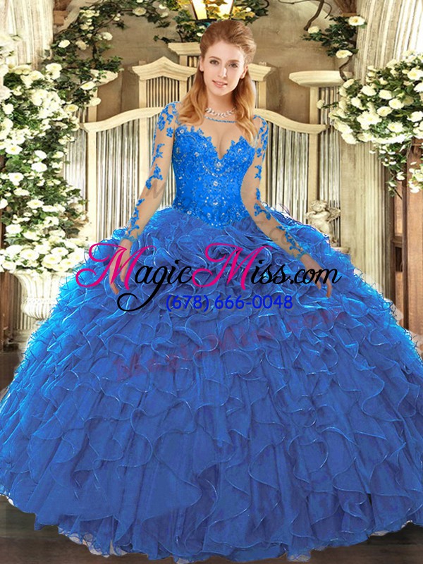 wholesale scoop long sleeves lace up quinceanera gown blue organza