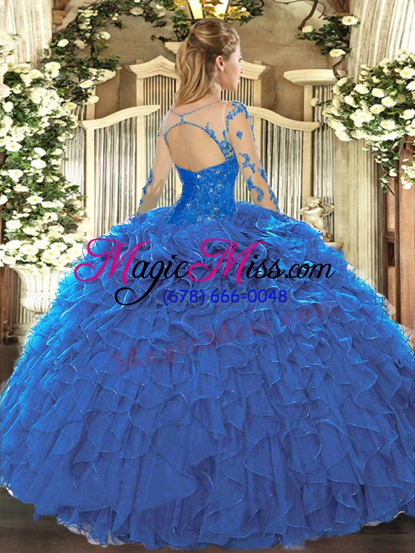 wholesale scoop long sleeves lace up quinceanera gown blue organza