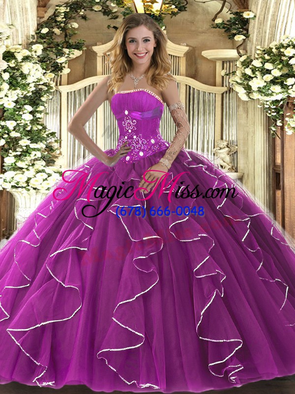 wholesale smart beading and ruffles vestidos de quinceanera fuchsia lace up sleeveless floor length