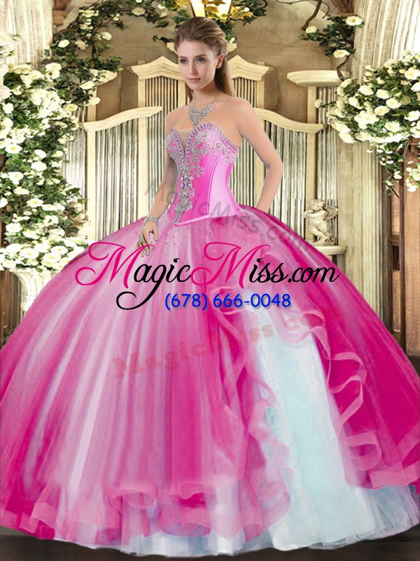 wholesale simple fuchsia sweet 16 quinceanera dress military ball and sweet 16 and quinceanera with beading and ruffles sweetheart sleeveless lace up