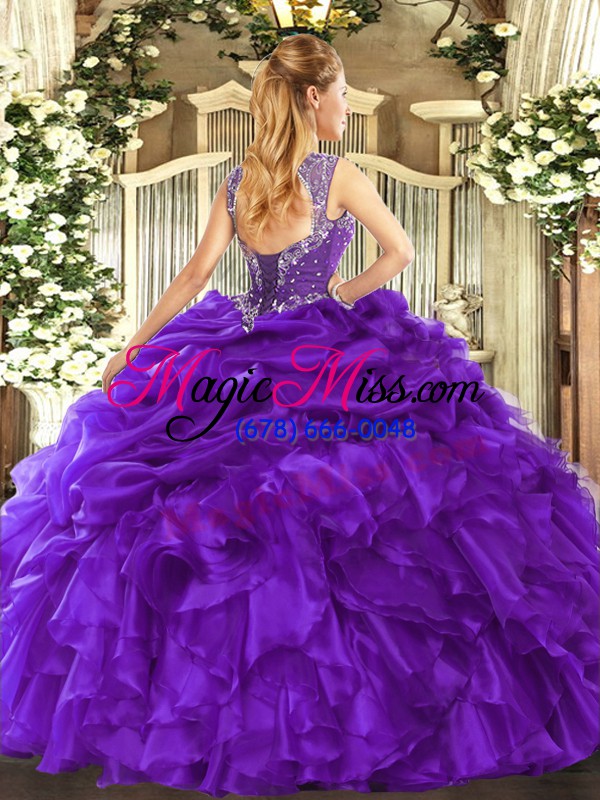 wholesale organza straps sleeveless lace up beading and ruffles and pick ups sweet 16 dresses in fuchsia