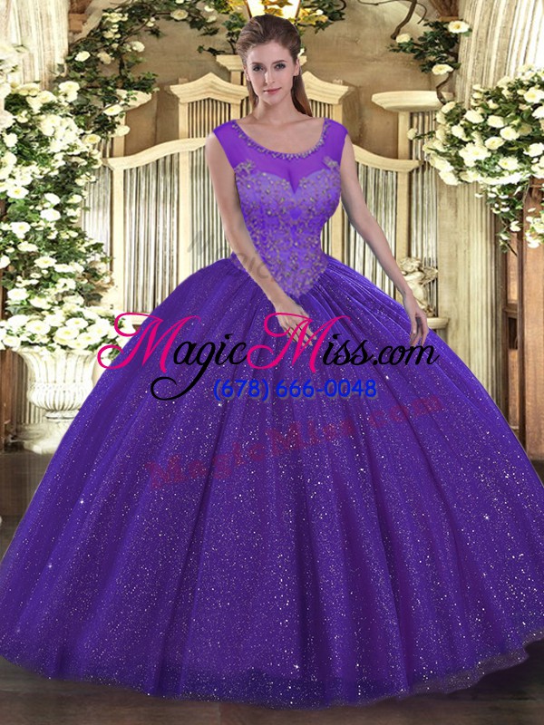 wholesale purple ball gowns tulle scoop sleeveless beading floor length backless quince ball gowns