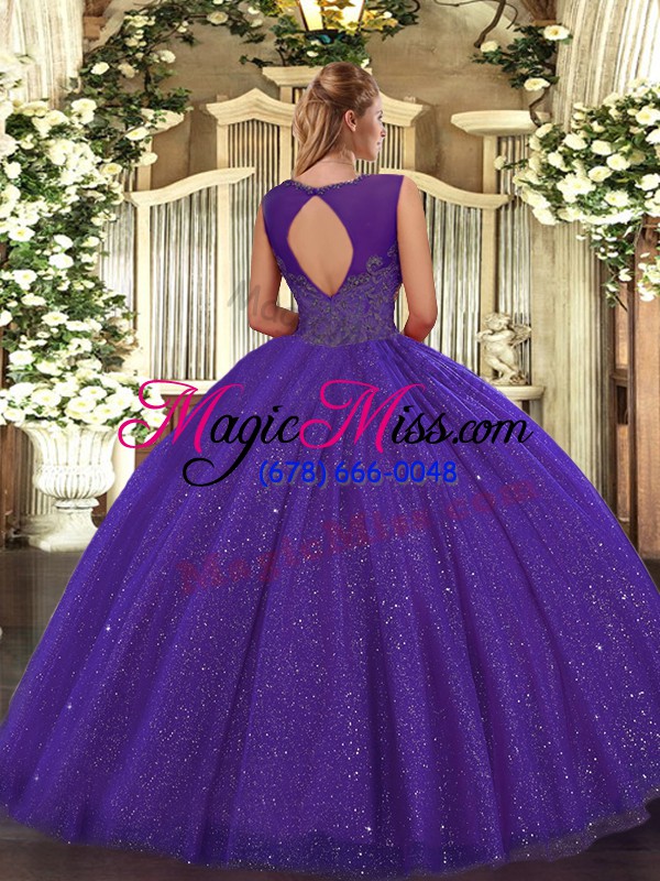 wholesale purple ball gowns tulle scoop sleeveless beading floor length backless quince ball gowns