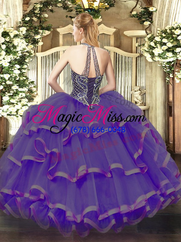 wholesale cheap eggplant purple sleeveless beading and ruffles lace up ball gown prom dress