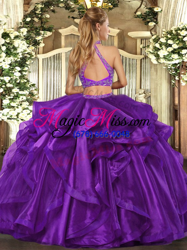 wholesale purple two pieces beading and ruffled layers sweet 16 dresses criss cross organza sleeveless floor length