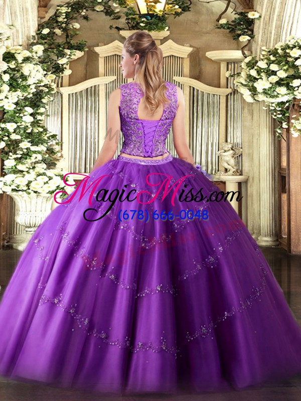 wholesale sweet two pieces sweet 16 dress fuchsia scoop tulle sleeveless floor length lace up