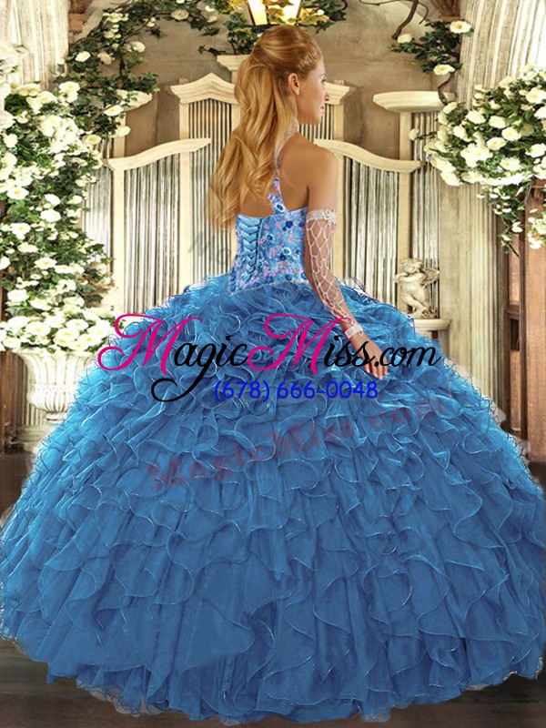 wholesale fabulous halter top sleeveless organza quinceanera dresses beading and embroidery and ruffles lace up