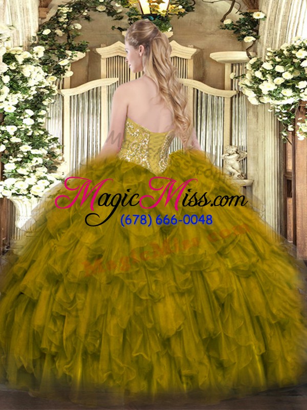 wholesale affordable olive green lace up sweetheart beading and ruffles quinceanera dress organza sleeveless