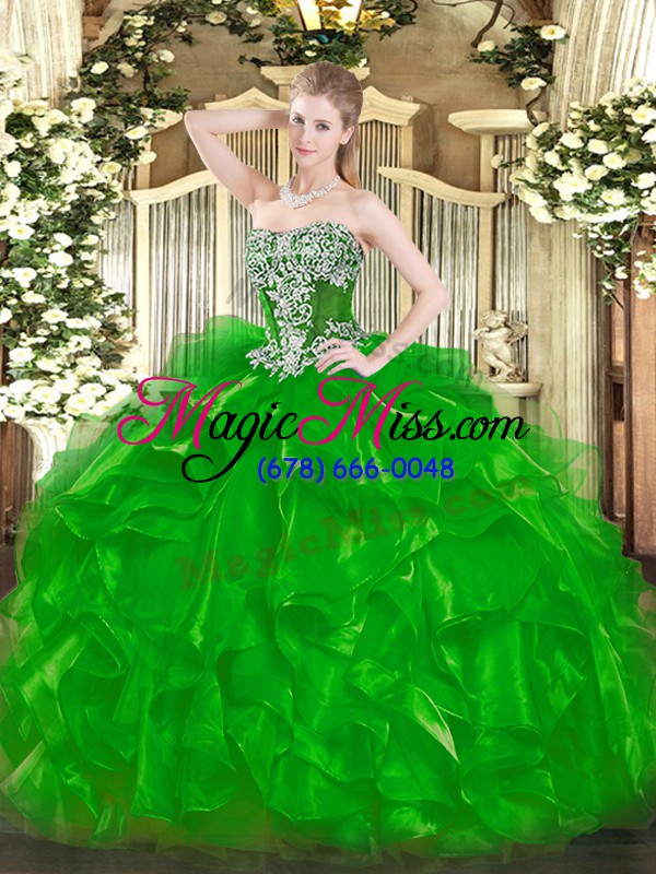 wholesale hot sale green strapless neckline beading and ruffles ball gown prom dress sleeveless lace up