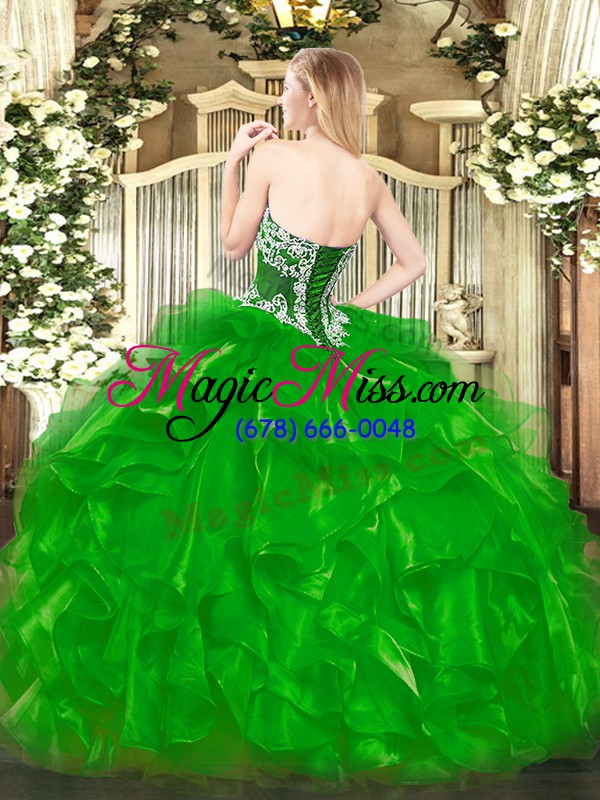 wholesale hot sale green strapless neckline beading and ruffles ball gown prom dress sleeveless lace up